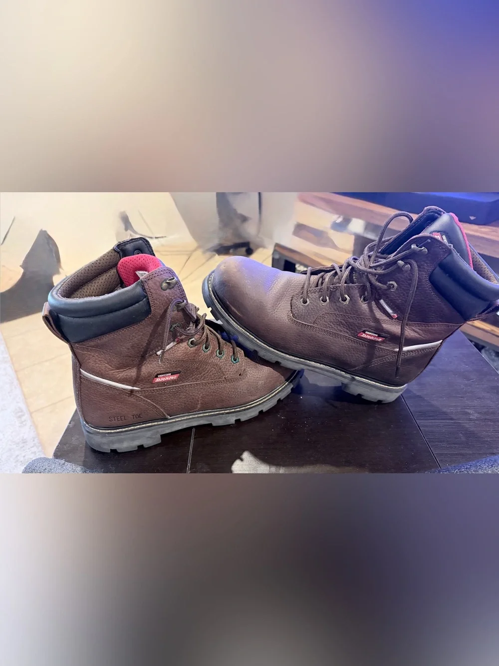 Steel Toe Dickies Brown Men’s Work Boots with Black Collar and Red Trim